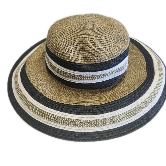 LC Wakiki Woven Straw Hat, Natural White Black Hold Metallic Stripes, Wide Brim - Picture 1 of 6